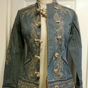 Mandarin Style Embelished Denim Jacket